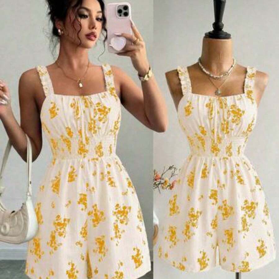 Women's Apricot Base Multi-Color Printed Frill Trim Spaghetti Strap Tie Waist Jumpsuit, Elegant & Sophisticated, Suitable For Valentine's Day, Easter, May Day, Birthday, Date, Party, Formal Occasions, Teacher's Outfit, High-Vibe, Spring/Summer - Amarillo - Ver 1