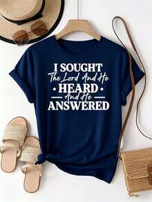 Printed With The Text Pattern "I Sought The Lord, And He Heard And Answered Me". Women's Casual Everyday Crew Neck Short-Sleeve Fashionable Sports T-Shirt With Printed Pattern And Comfortable To Wear; Women's Navy Blue Short-Sleeve T-Shirt - 藏蓝色 - 查看 11