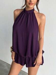 casual de verano para mujer con cuello halter, unicolor y volantes en el bajo - Morado - Ver 4