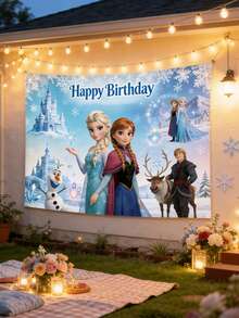 Disney 迪士尼冰雪奇缘生日快乐背景幕布，艾莎和安娜冰蓝色横幅，适用于派对摄影和装饰，这款冰雪奇缘主题生日背景幕布可将您的庆祝活动变成神奇的阿伦黛尔仙境，旨在提升您的派对装饰和摄影效果。背景为闪闪发光的冰蓝色背景，点缀着雪花。 - 背景 - 查看 2