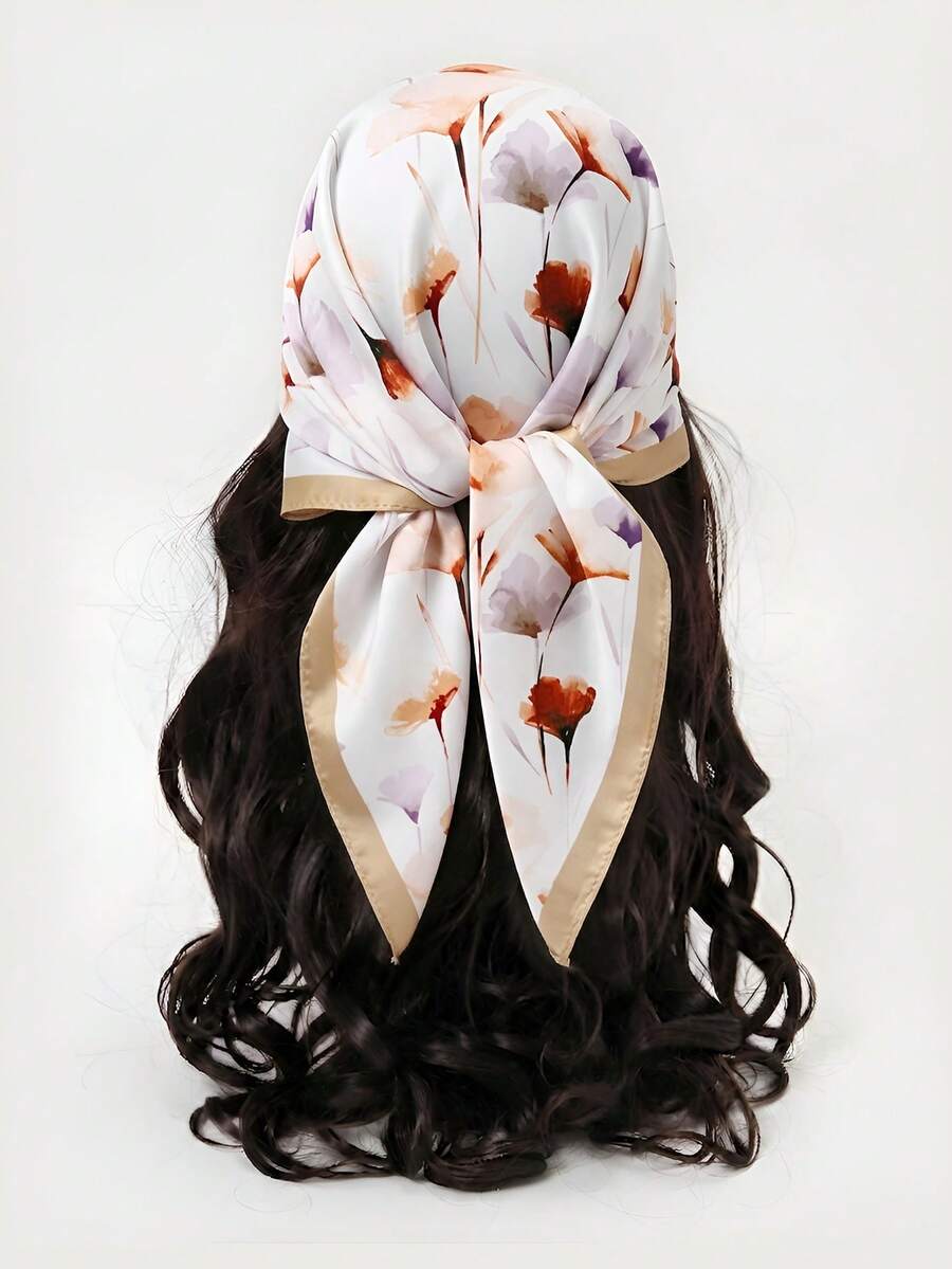 1 pieza Pañuelo casual de poliéster con estampado floral, accesorio decorativo versátil para todas las estaciones - 1# Caqui claro - Ver 1