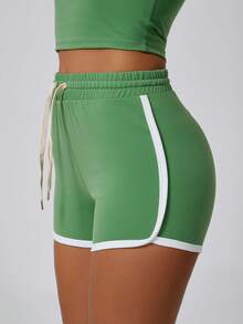 NcmRyu Women's Contrast Color Crew Neck Tight Short Sleeve Top And Drawstring Shorts Sports Set - 綠色 - 查看 6