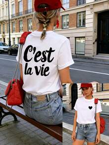 Women's Short-Sleeved T-Shirt With Print On The Front And Back, European And American Style Letter Pattern, Round Neck, Loose Fit, Sexy, Soft And Cute For Summer/Spring, Simple And  Design T-Shirt, Suitable For Dates And Meals, Streetwear Style For Women. - Black - View 9