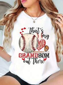 100% Cotton That's My Grandson Out There, Grandmother's Day Baseball T-Shirt, Printed T-Shirt, Casual Crew Neck Short Sleeve Comfortable Spring Summer Women's Clothing - 白色 - 查看 6