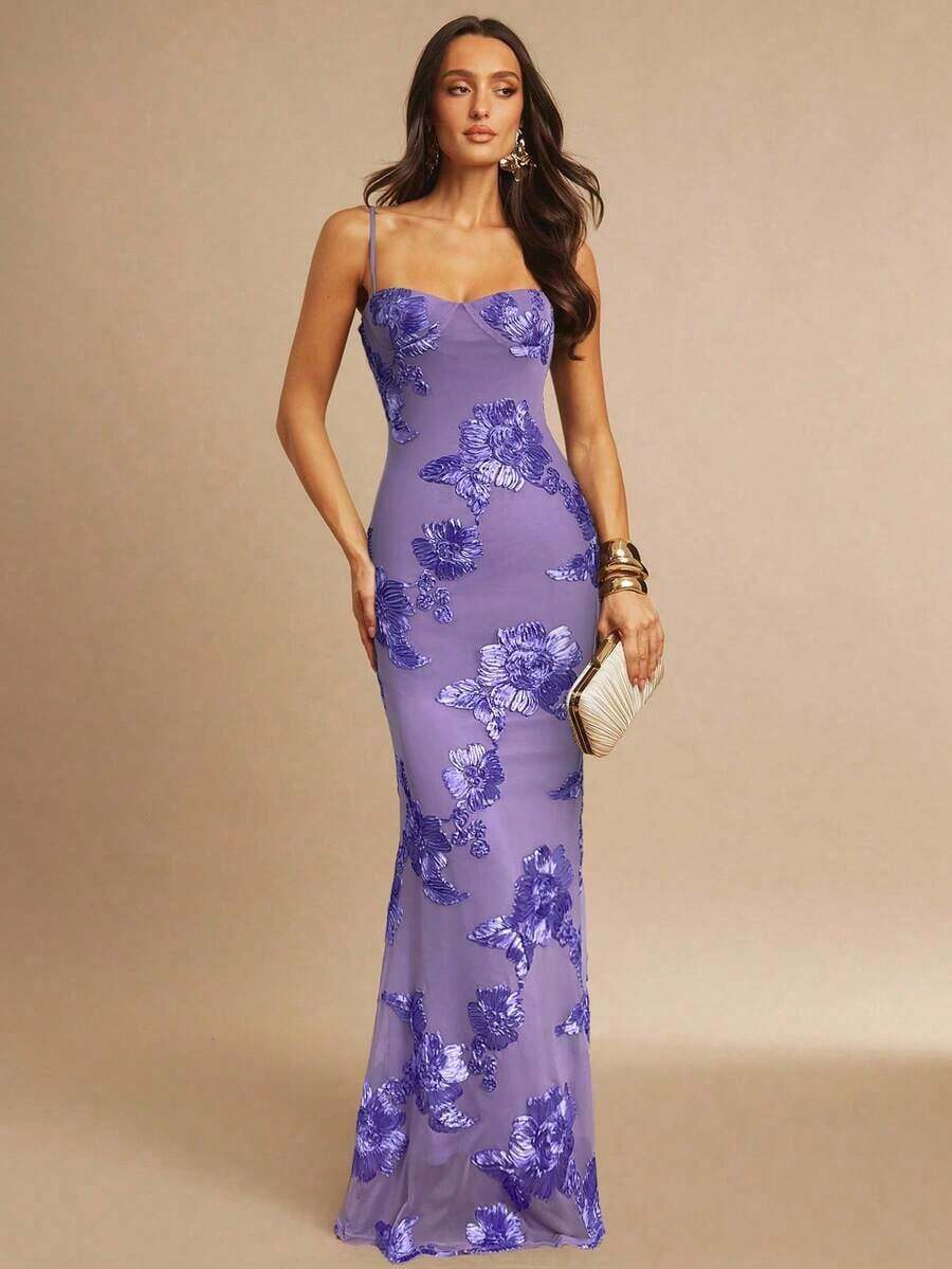 Vestido de tirantes finos maxi ajustado y elegante con diseño floral 3D en color marrón, adecuado para invitada de boda en otoño, fiesta, cóctel, noche, Navidad.Vestido maxi ceñido y con espalda descubierta, apropiado para fiesta de ot - Púrpura malva - Ver 1