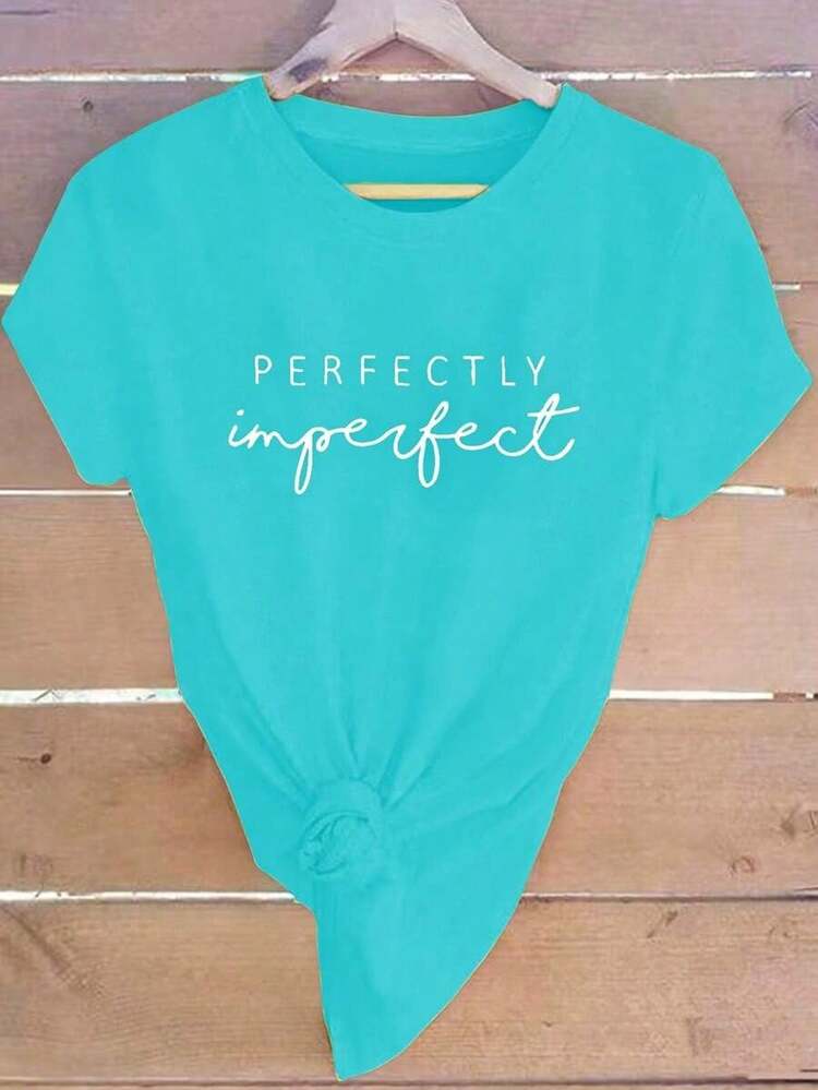 LUNE Camiseta de manga corta con gráfico de letra "PERFECTLY Imperfect" para Mujeres - Azul - Añade 5