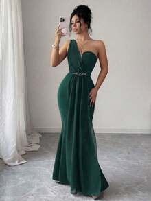 Elenzya Vestido elegante y romántico para mujer con escote asimétrico, cintura ceñida, bajo de cola de pez, decoración de perlas, adecuado para fiestas y reuniones - Verde Oscuro - Ver 3
