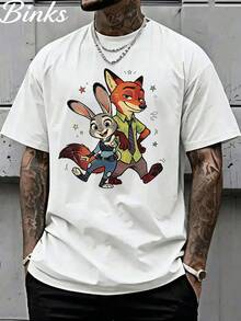 Zootopia Judy Hopps And Nick Wilde Retro Comic Style T-Shirt, Disney Characters Graphic Tee, Casual Cartoon Top - 白色 - 查看 2