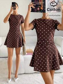 Vestido corto casual de mujer con cuello redondo y mangas cortas, vestido corto casual de manga corta, vestido corto casual de verano, vestido de mujer de nueva llegada a rayas - Marrón - Ver 7
