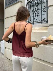 Top de camiseta sin mangas de uso diario versátil y casual con parches de encaje para mujer - Burdeos - Ver 2