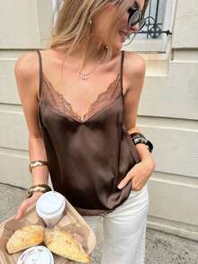 Top de camiseta sin mangas de uso diario versátil y casual con parches de encaje para mujer - Marrón - Ver 4
