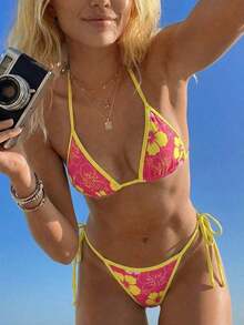 Conjunto de bikini de 2 piezas con estampado floral diminuto y escote halter para vacaciones y playa - Multicolor 4 - Ver 7