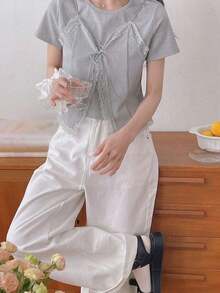 Camiseta de mujer con cuello redondo de manga corta con 2 en 1 y encaje empalmado - Gris 3 - Ver 5