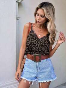 Camiseta de verano para mujer con estampado de leopardo marrón, de estilo minimalista, retro y elegante, versátil para uso diario o vacaciones.Camiseta de mujer con escote en V y encaje de contraste a la moda - Multicolor 6 - Ver 7
