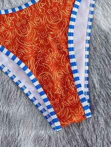 Set de 2 piezas Bikini bandeau con estampado floral rosa para mujer, con tirantes desmontables adecuado para vacaciones en la isla y sesiones de fotos en la playa en verano - Multicolor 15 - Ver 6