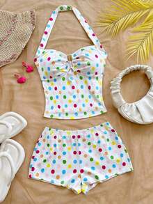 Conjunto Casual de 2 Piezas para Mujer: Top Halter a Rayas y Shorts para Vacaciones - Multicolor 5 - Ver 7