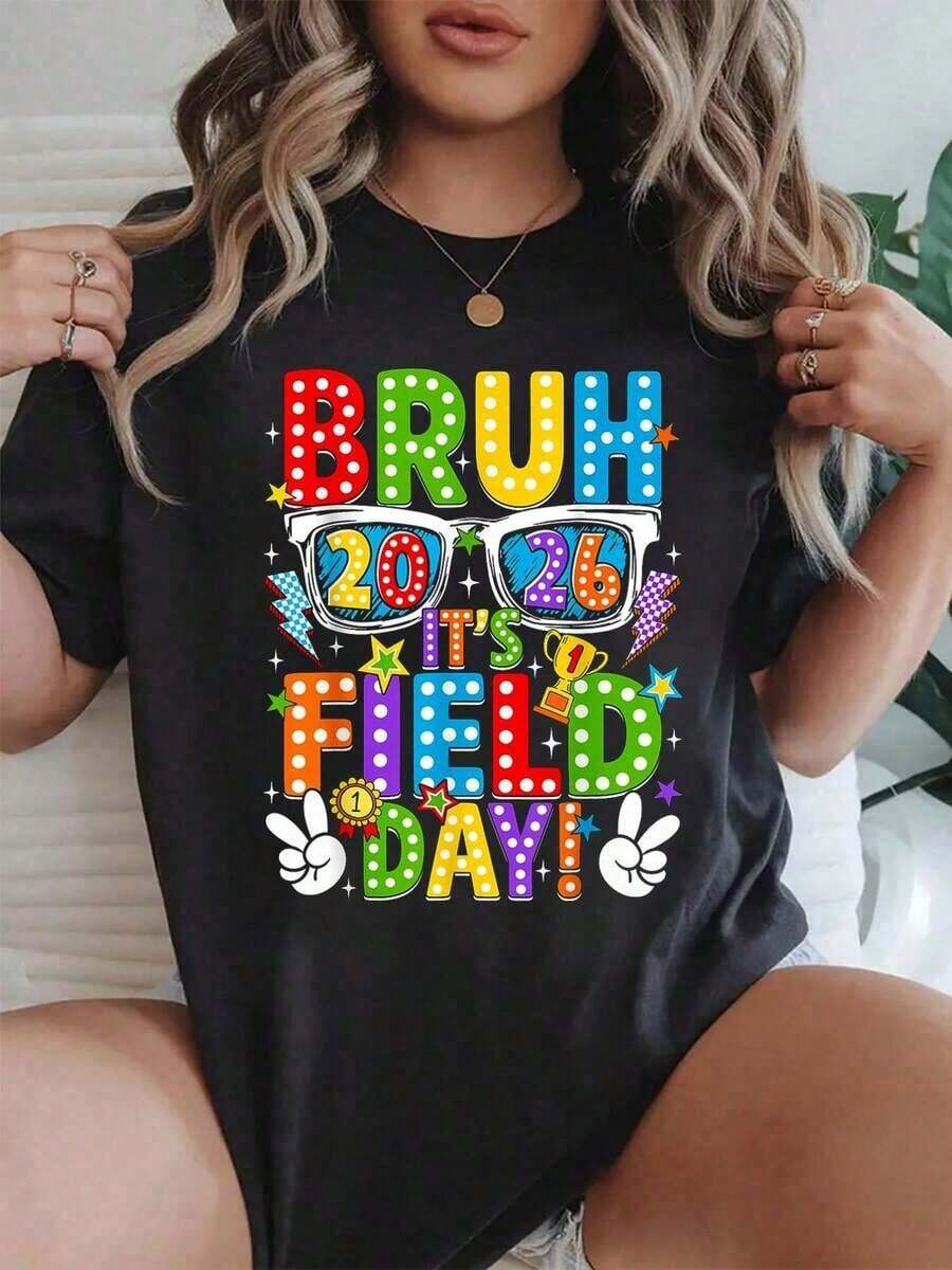 100% Cotton Bruh It's Field Day Teacher S Girls Field Day 2026 Women's T-Shirt, Graphic Cotton Print T-Shirt, Short Sleeve, Casual Top, Summer T-Shirt For Women - 白色 - 查看 1