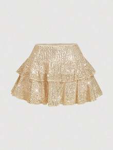 MOD Falda de cintura baja con doble volante con lentejuelas para mujer - Burdeos - Ver 5