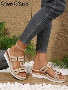 Foot Flair Women's Plus Size Fashion Retro Open Toe Rope Sole Sandals, Geometric Pattern Bohemian Vintage Chic Rivet Decor Thick Sole Sandals, Suitable For Weddings, Parties, Vacations, Summer And Other Occasions, Women's Wedge Thick Sole Sandals - Beige - View 5