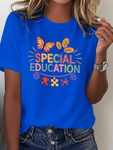 Women's Special Education Support T-Shirt 2026 - Puzzle And Butterfly Design To Promote Awareness, Slim Fit Clothing For Teachers/Therapists, Casual Rights Advocacy T-Shirt With Colorful Puzzle Icons (White) - 藍色 - 查看 1