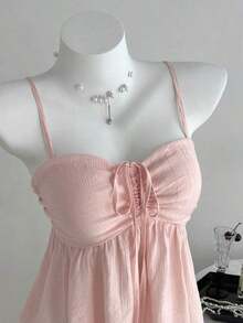Camiseta de tirantes con volantes de unicolor lindo para damas, ropa de verano para la universidad - Rosa - Ver 6