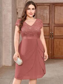 Plus Size Sequin Lace V-Neck Contrast Color Ruffle Trim Chiffon Hem Cocktail Dress, Wedding Guest Dress, Homecoming Dance Elegant Summer - Dusty Pink - View 8