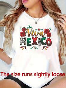 Camiseta de Mujer para el Día de la Independencia de México |   Camiseta Casual Ligera de Manga Corta con Cuello Redondo y Estampado Vibrante de Viva México con Diseño de Maracas, Sombrero y Cactus - Ideal para Fiestas del Cinco de Mayo, Temporada de Primavera - Blanco - Ver 8