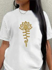 Camiseta ligera y duradera de manga corta con diseño de loto dorado, perfecta para yoga, meditación o ropa casual en casa, en el estudio o al aire libre - Blanco - Ver 2