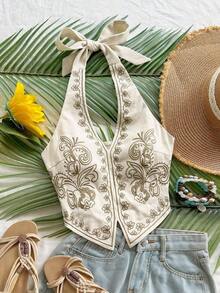Top corto para mujer estilo bohemio sin mangas con diseño de espalda de tirantes, cuello halter con diseño anudado y bordados florales, adecuado para festivales de música - Beis - Ver 11