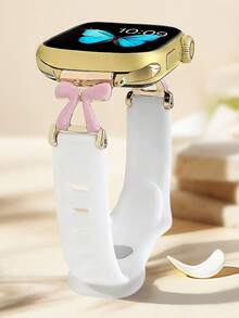 1件女款粉色蝴蝶結金屬拼接白色矽膠錶帶，適用於Apple Watch 38/40/41/42/44/45/46/49mm，相容 S10/11/9/8/7/6/5/4/3/2/1/SE系列，適合休閒風格、日常裝飾、禮物 - 彩色 - 查看 1