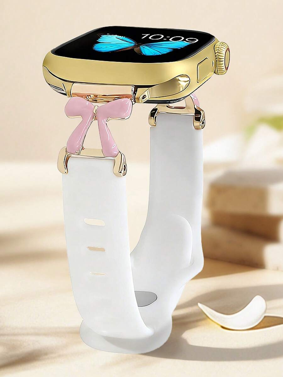 1件女款粉色蝴蝶結金屬拼接白色矽膠錶帶,適用於Apple Watch 38/40/41/42/44/45/46/49mm,相容 S10/11/9/8/7/6/5/4/3/2/1/SE系列,適合休閒風格、日常裝飾、禮物 - 彩色 - 查看 1