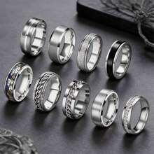 Set 9 Buah Cincin Rantai Stainless Steel Perak yang Dapat Diputar untuk Pria, Cincin Pernikahan Pria, Perhiasan Pertunangan dan Cinta Sehari-hari - Set perak sembilan buah - View 3