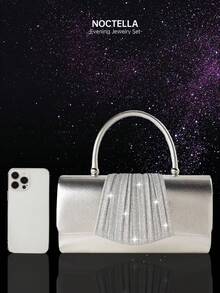 Noctella 4-Piece Rhinestone Jewellery Set, Including A Sparkling Necklace, Earrings And Bracelet, Paired With Glittering Square Handbag, Elegant And Fashionable Flap Evening Bag, New Luxury Ladies' Party Bag, Suitable For Ladies And Girls To Use At Parties, Proms, Weddings And Dinners. - Silver - View 8