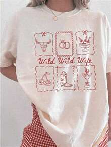 1 "Wild Wild Wife" Cowboy Style Bachelorette Party T-Shirt, Western Style Bridal Shower T-Shirt For Girls Weekend Trips To Texas, Austin, Nashville, Women's Casual Short Sleeve Crew Neck T-Shirt, 100% Soft 180g Cotton. - 白色 - 查看 6