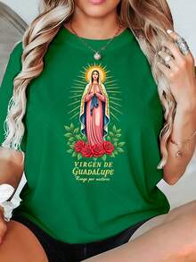 Women's T-Shirt With The Virgin Of Guadalupe, A Religious Graphic In Red, Perfect For People Of The Catholic Faith. Ideal For Summer Or Fall, This Short-Sleeved Crew Neck T-Shirt Makes A Wonderful Gift For Thanksgiving Or Christmas. - 綠色 - 查看 1