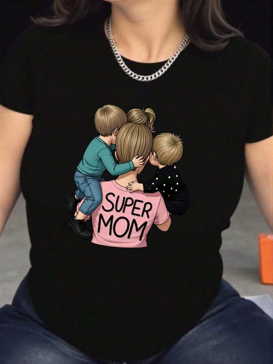 Camiseta de manga corta con estampado gráfico creativo de Super Mamá, para mujer, cómoda, transpirable, informal, deportiva, para el verano. - Negro - Ver 1
