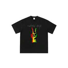 Unisex Summer Casual Short-Sleeved T-Shirt With Y2K Anime Cartoon Print Featuring The Peace Symbol And Natural Reggae Style. - 黑色 - 查看 1