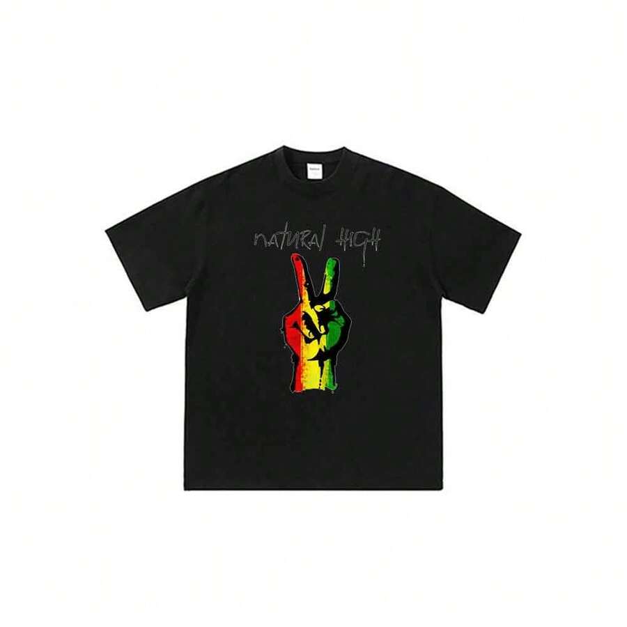 Unisex Summer Casual Short-Sleeved T-Shirt With Y2K Anime Cartoon Print Featuring The Peace Symbol And Natural Reggae Style. - 黑色 - 查看 1