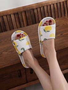 Cute Fruit Print Linen Slippers Women Breathable Anti-Slip Indoor House Slides - Orange - View 2