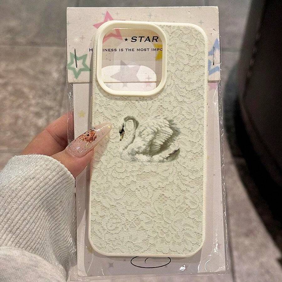 1pc TPU Material Vintage Swan Lace Pattern Phone Case Compatible With IPhone 17 Pro Max/17/16 Pro Max/15/13/12/11, S20 FE/A15/S24/A55, Note 11/Note 12/Note 13 Pro, Full Coverage Anti-Drop Soft Protective Phone Case - White - View 1