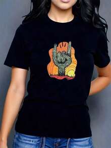 MinimalistCamiseta de sol de dedo de cactus de dibujos animados para mujer Camiseta informal holgada para mujer con estampado de cactus al atardecer Camisetas de MujerWomen's Simple Solid Co - Blanco - Ver 9