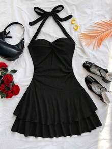 AVestido mini sexy con espalda descubierta, corbata en el cuello, dobladillo fruncido y doble capa, adecuado para fiestas, citas, San Valentín - Negro - Ver 7