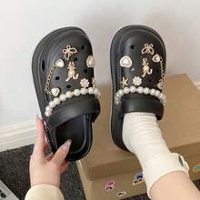 女款新款百搭穆勒鞋，室內居家珍珠蝴蝶裝飾，輕便舒適通勤百搭戶外沙灘穆勒鞋，園藝鞋 - 黑色 - 查看 4