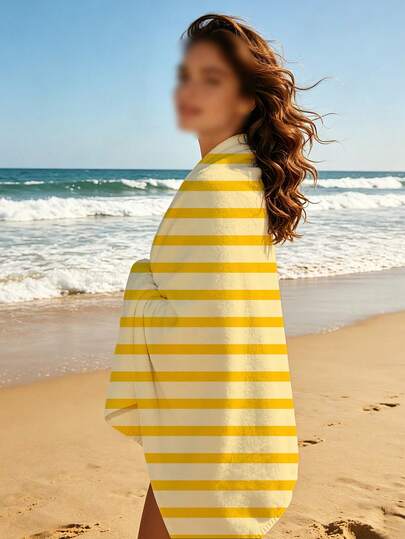 1pc Summer Vacation Yellow & White Striped Beach Towel, Quick Dry, Can Be Used As Shawl, Picnic Mat, Bath Towel, Fashionable Beach Towel, Highly Absorbent Bathroom Towel, Suitable For Swimming, Fitness, Yoga, Soft & Comfortable Microfiber Towel, Lightweight & Portable, Summer Travel, Vacation, Bathroom Decor, Recommended Regular Size And Larger Size (35*75cm Small Towel, 150cm Or Above Recommended), With Carry Bag Option