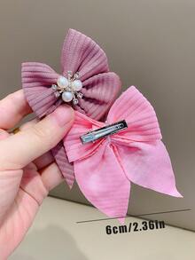 8pcs Solid Color Striped Fabric Bow Hair Clips With Pearl Rhinestone Decor, Cute Girl's School Style Hair Accessories, Suitable For Daily Wear And Party - Multicolor - View 9