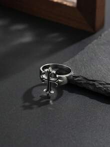1 pieza Anillo de cruz gótico, anillo ajustable de estilo punk vintage desgastado de plata asimétrica, accesorio de moda callejera para hombres - Plata antigua - Ver 4