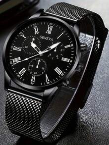 3pcs Men's Quartz Watch Set, Including 1pc Black Dial Black Mesh Band Quartz Watch, 1pc Embossed Men's Wallet, And 1pc Neutral Business Ballpoint Pen - Black - View 2
