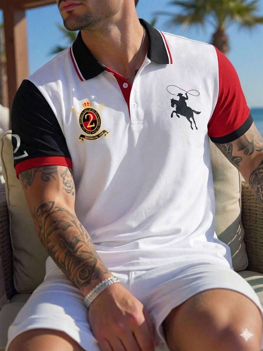 1件男士夏季短袖拼色針織 Polo 衫,馬術與徽章圖案印花,休閒街頭戶外上衣 - 紅色 - 查看 1