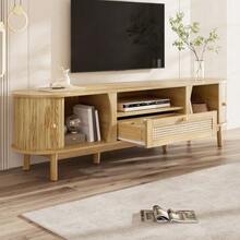 Mueble para TV con puertas y cajones. Mueble de ratán para TV, puertas de madera maciza, solución de almacenamiento de estilo rústico – panel frontal bajo. - Color natural - Ver 5