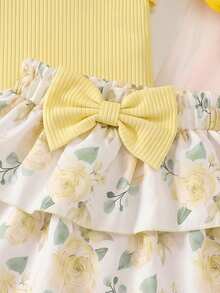 2 piezas Conjunto de niña bebé con blusa de manga con volantes acanalada y falda con estampado de moño, adecuado para el verano - Amarillo - Ver 4